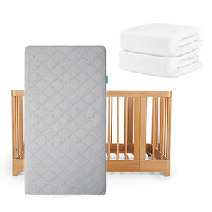 The Newton Baby Nest Convertible Crib, Original Mattress, and breathable organic cotton sheets together create a cozy, safe space for your baby.