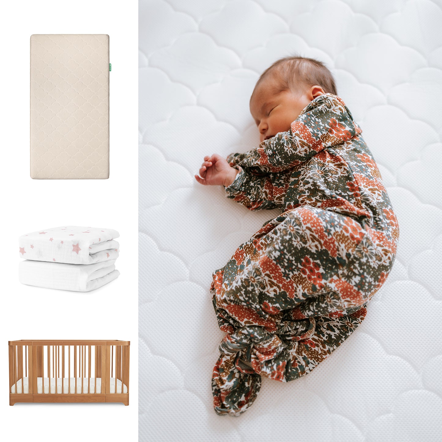 A newborn sleeps on the Newton Baby Nest Convertible Crib with the Original Mattress & Sheets. At left are images of a beige mattress, two folded patterned sheets, and the crib. 111-8420-CST-1000-SAN-PSW
