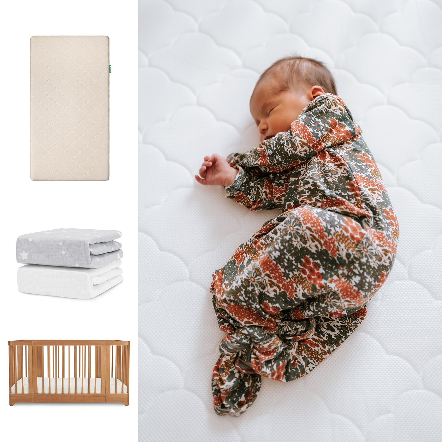 A baby in a floral-patterned sleeper lies on the Newton Baby Nest Convertible Crib with Original Mattress and Sheets, atop a white quilt. To the left are images of the crib set, folded blankets, and a breathable organic cotton sheet. 111-8420-CST-1000-SAN-SGW
