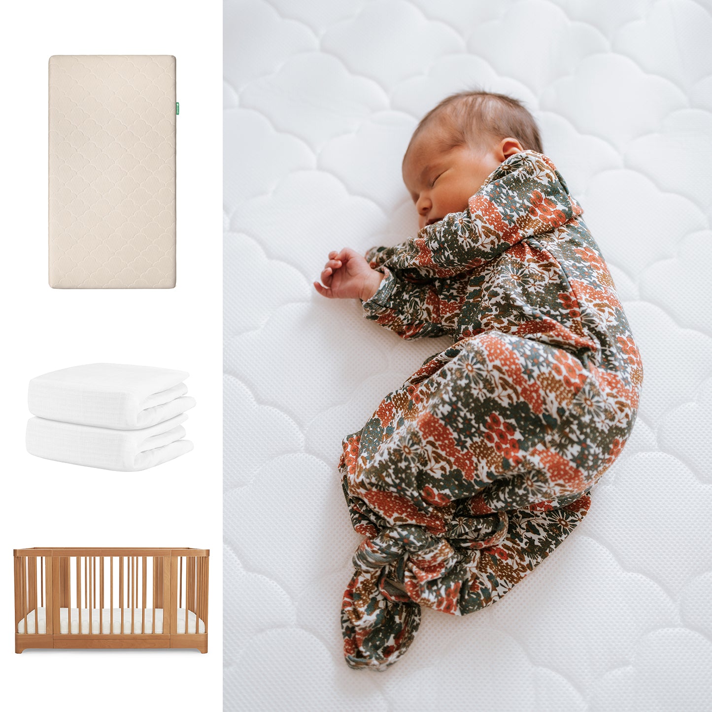 A newborn in a floral sleeper lies on a white crib mattress with a breathable organic cotton sheet. To the left are images of Newton Baby's Nest Convertible Crib, Original Mattress, and two white sheets. 111-8420-CST-1000-SAN-WNW