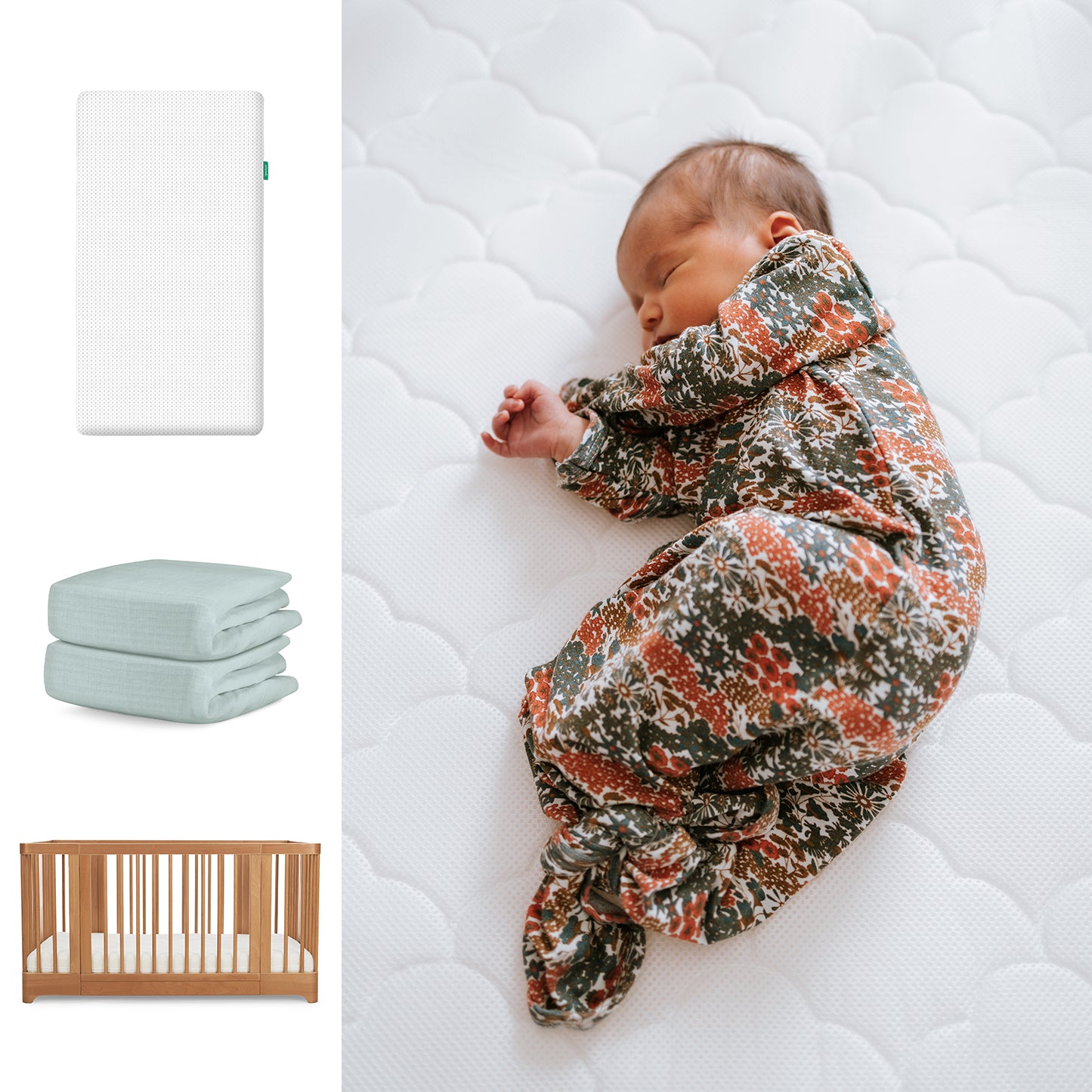 A baby sleeps in a floral swaddle on Newton Baby’s Nest Convertible Crib with the Original Mattress and a light blue organic cotton sheet, shown alongside product images. 111-8420-CST-1000-WHT-SNS
