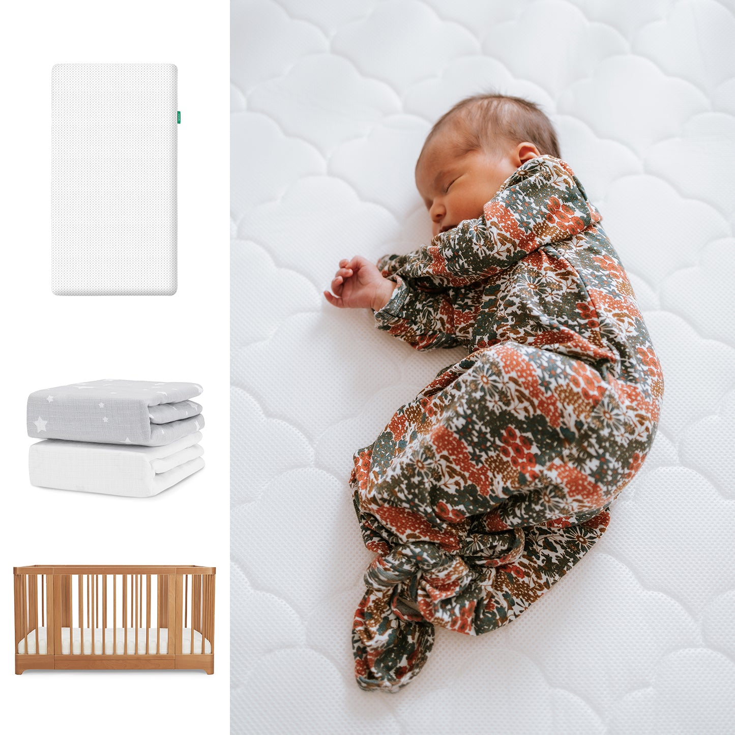 A newborn sleeps on the Newton Baby Nest Convertible Crib with the Original Mattress and organic cotton sheets, wearing a floral sleeper. Nearby are folded sheets and product images. 111-8420-CST-1000-WHT-SGW