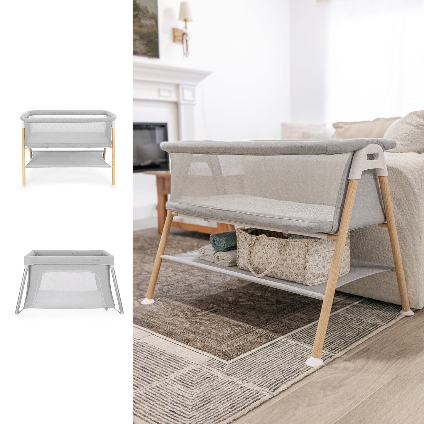 The Newton Baby Bundle 4 BFCM bassinet features modern gray fabric, wooden legs, and mesh sides. Shown in a cozy living room by a sofa, with two smaller images at left displaying different views on a white background.
