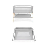 Two views of the Newton Baby Bundle 4 BFCM: the top image displays a light gray bassinet with wooden legs and mesh sides, while the lower image shows a play yard with angled legs and mesh panels.