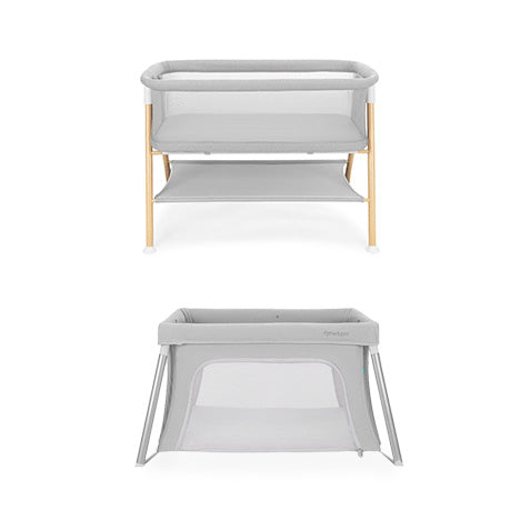 Two views of the Newton Baby Bundle 4 BFCM: the top image displays a light gray bassinet with wooden legs and mesh sides, while the lower image shows a play yard with angled legs and mesh panels.