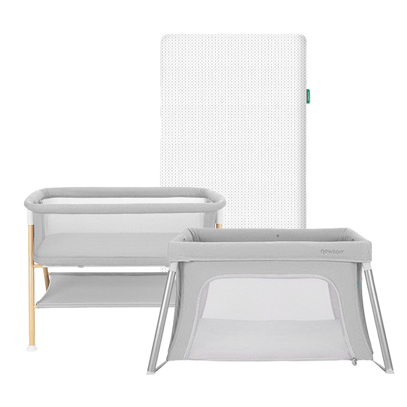 The Newton Baby Bundle 2 BFCM includes three light gray nursery essentials: a changing table with wooden legs, a breathable mattress, and a portable play yard with mesh sides.