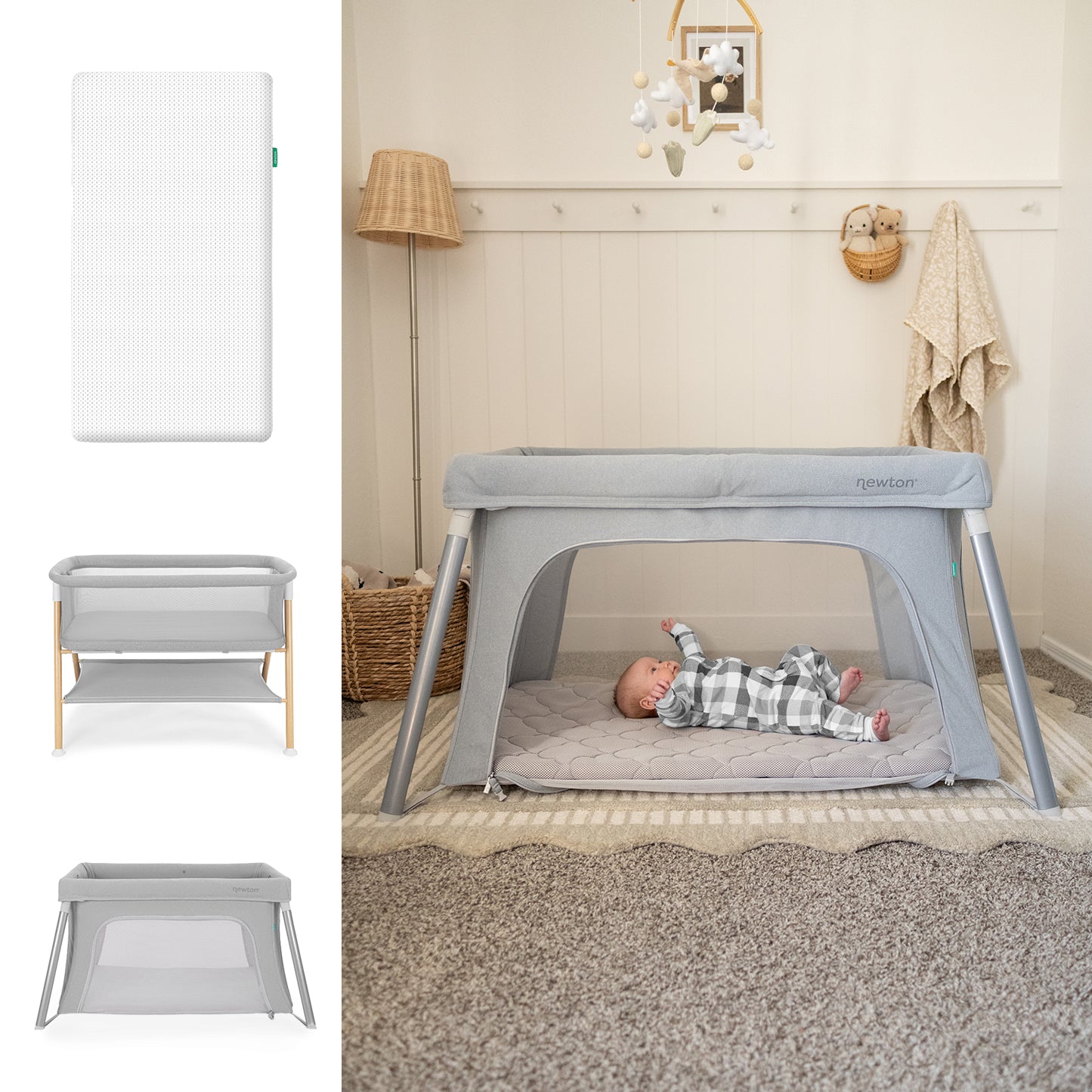 A baby lies on a playmat inside the gray Bundle 2 BFCM playard by Newton Baby in a cozy nursery. Other images show the playard, bassinet, and mattress individually displayed on a white background.