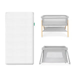 On the left is the Newton Baby Bundle 2 BFCM white crib mattress; on the right are two Newton Baby bassinets with mesh sides—one featuring light wooden legs and storage, the other with gray legs and mesh panels.