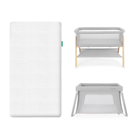 On the left is the Newton Baby Bundle 2 BFCM white crib mattress; on the right are two Newton Baby bassinets with mesh sides—one featuring light wooden legs and storage, the other with gray legs and mesh panels.