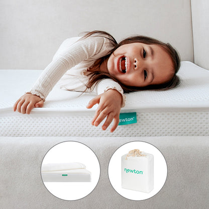 A smiling girl lies on a white Newton Baby mattress from the Bundle 1 BFCM. Below, insets display the mattress folded flat and packed in a white Newton Baby carrying bag.