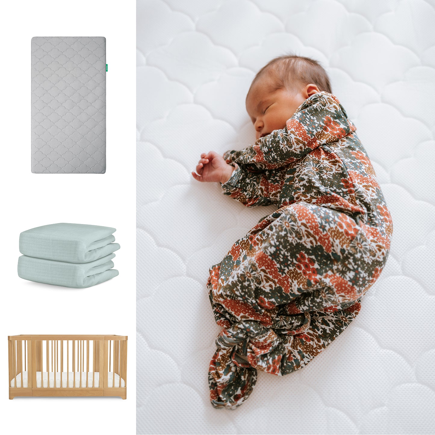 A baby in a floral sleep sack sleeps on the Newton Baby Nest Convertible Crib with the Original Mattress and pale blue Breathable Organic Cotton Sheet, shown vertically as product options. 111-8420-NAT-1000-GRY-SNS
