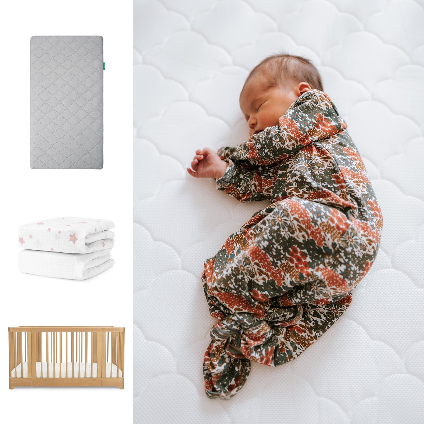 A baby in a floral swaddle sleeps on a Newton Baby Nest Convertible Crib with the Original Mattress and breathable organic cotton sheet. Nearby are the mattress, two folded star-patterned sheets, and the crib by Newton Baby. 111-8420-NAT-1000-GRY-PSW