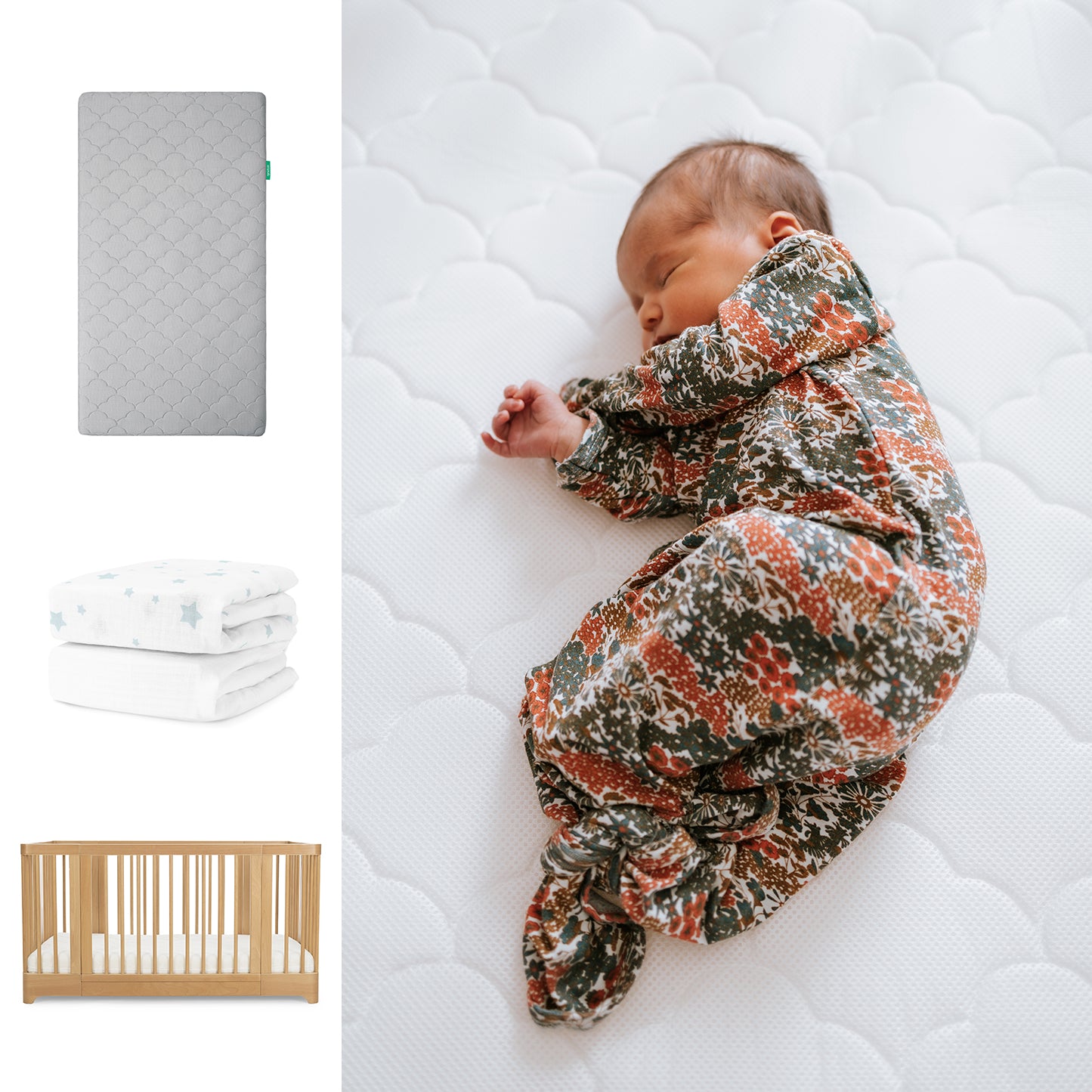 A newborn in a floral sleeper rests on Newton Baby’s Nest Convertible Crib with the Original Mattress and Sheets. On the left are images of the gray mattress, white sheets with blue stars, and the crib. 111-8420-NAT-1000-GRY-SDW