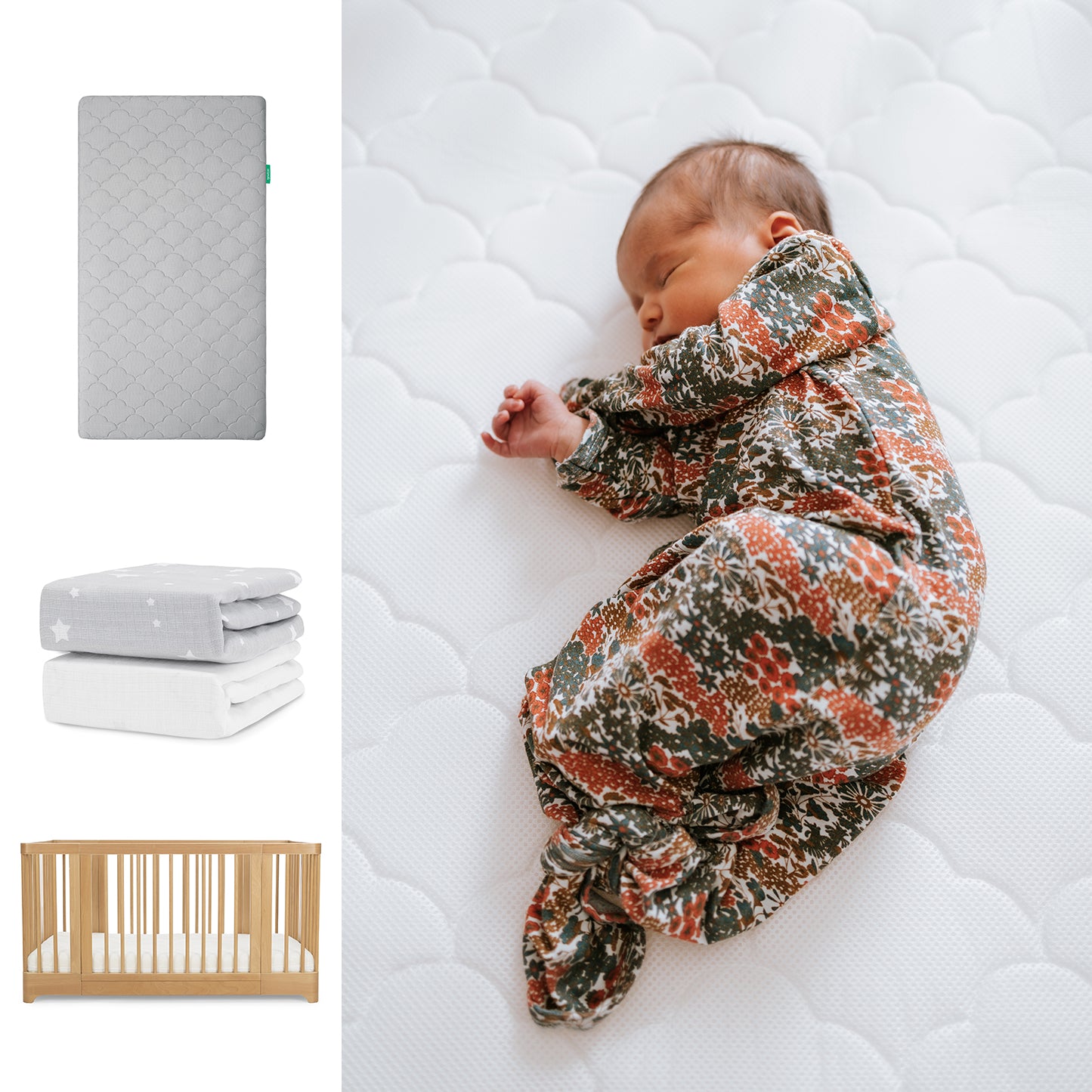 A sleeping newborn in a floral knotted gown lies on a white mattress. On the left, the Newton Baby Nest Convertible Crib, Original Mattress, & Sheets are displayed separately against a white background. 111-8420-NAT-1000-GRY-SGW
