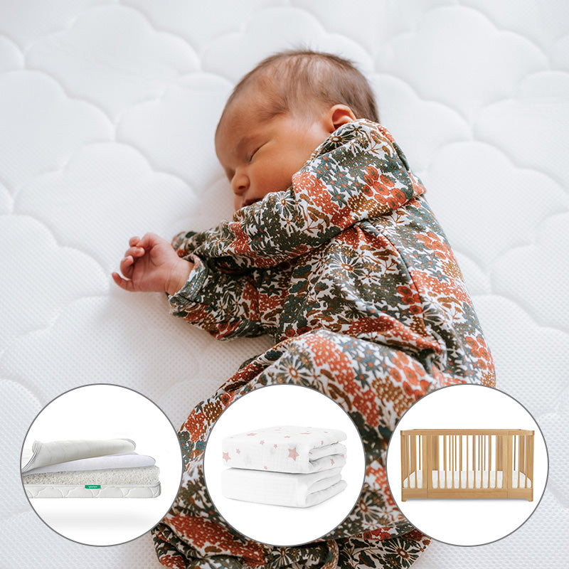A baby sleeps on the Newton Baby Nest Convertible Crib with the Original Mattress, wearing a floral onesie. Insets below show a Breathable Organic Cotton Sheet, a star blanket, and the Nest Convertible Crib.