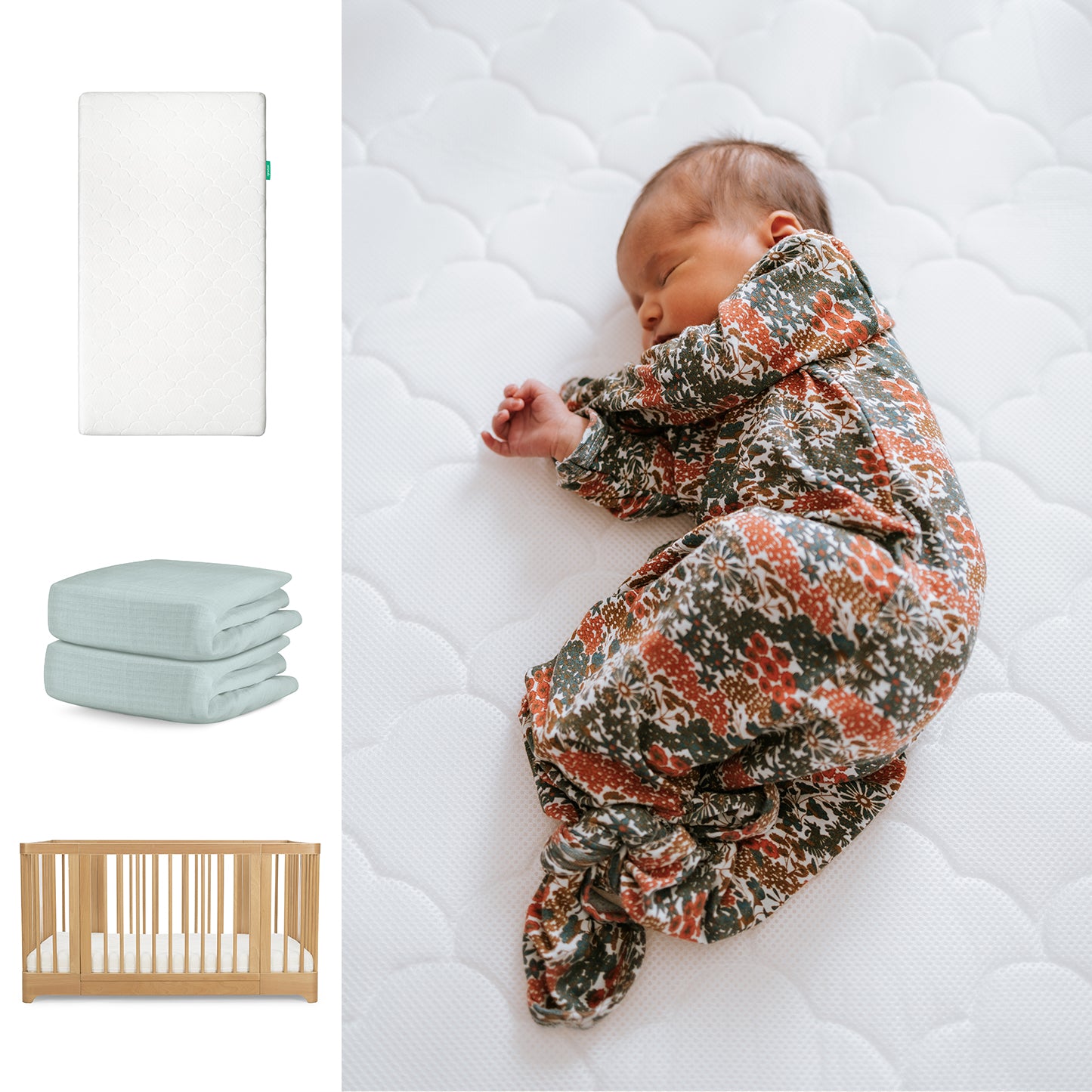 A baby in a floral sleeper lies on a quilted white crib mattress. To the left are images of Newton Baby’s Nest Convertible Crib, Original Mattress, and Sheets, each displayed on a white background. 111-8420-NAT-1000-WHT-SNS
