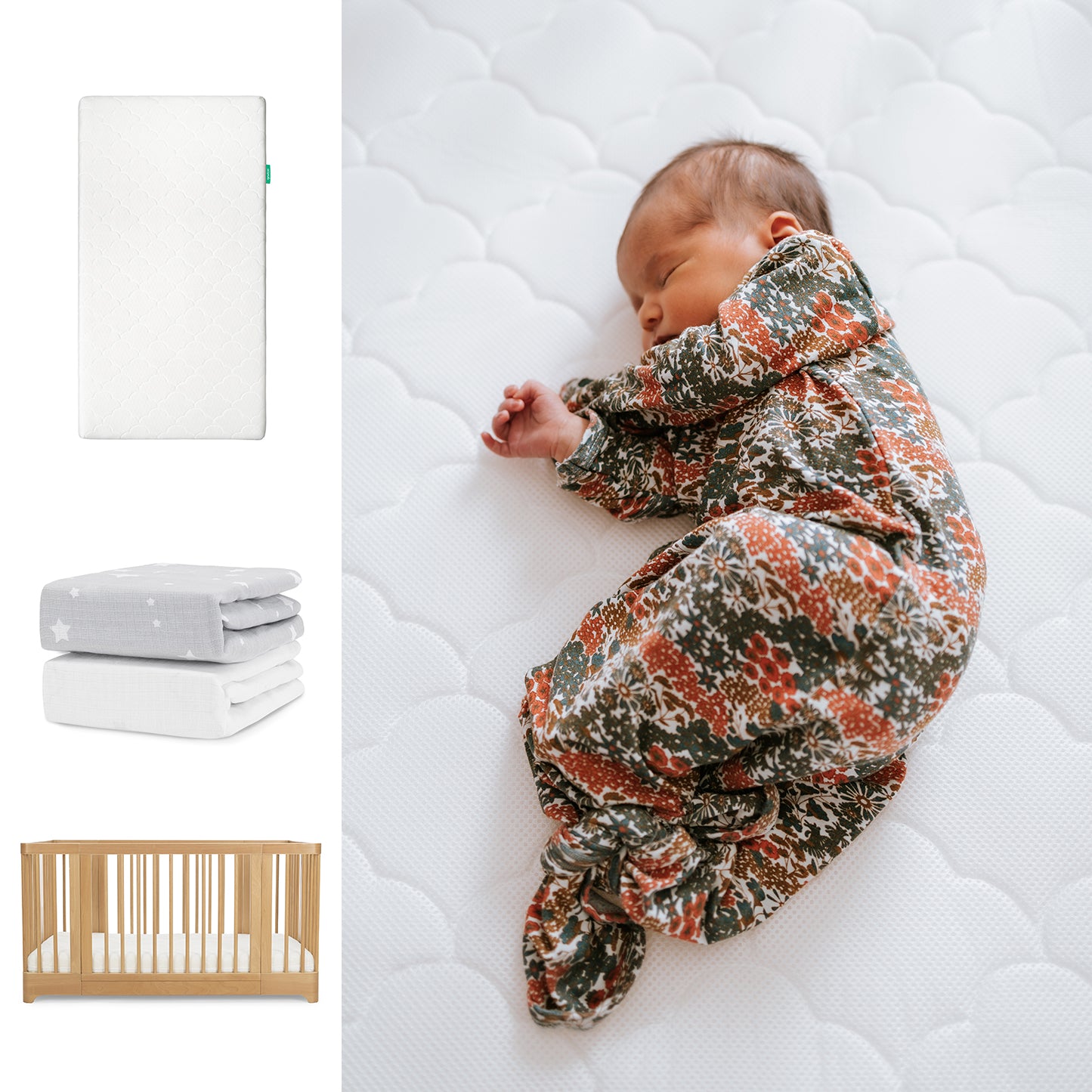 A baby in a floral onesie sleeps on the Newton Baby Nest Convertible Crib, Original Mattress, & Sheets set. To the left are images of the crib, two folded breathable organic cotton sheets, and a wooden crib. 111-8420-NAT-1000-WHT-SGW