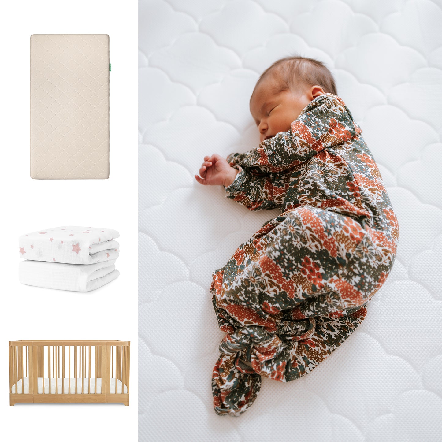 A newborn in a floral swaddle sleeps on Newton Baby’s Nest Convertible Crib with the Original Mattress and breathable organic cotton sheets. Nearby are folded star-print blankets, with images of the crib and bedding on the left. 111-8420-NAT-1000-SAN-PSW
