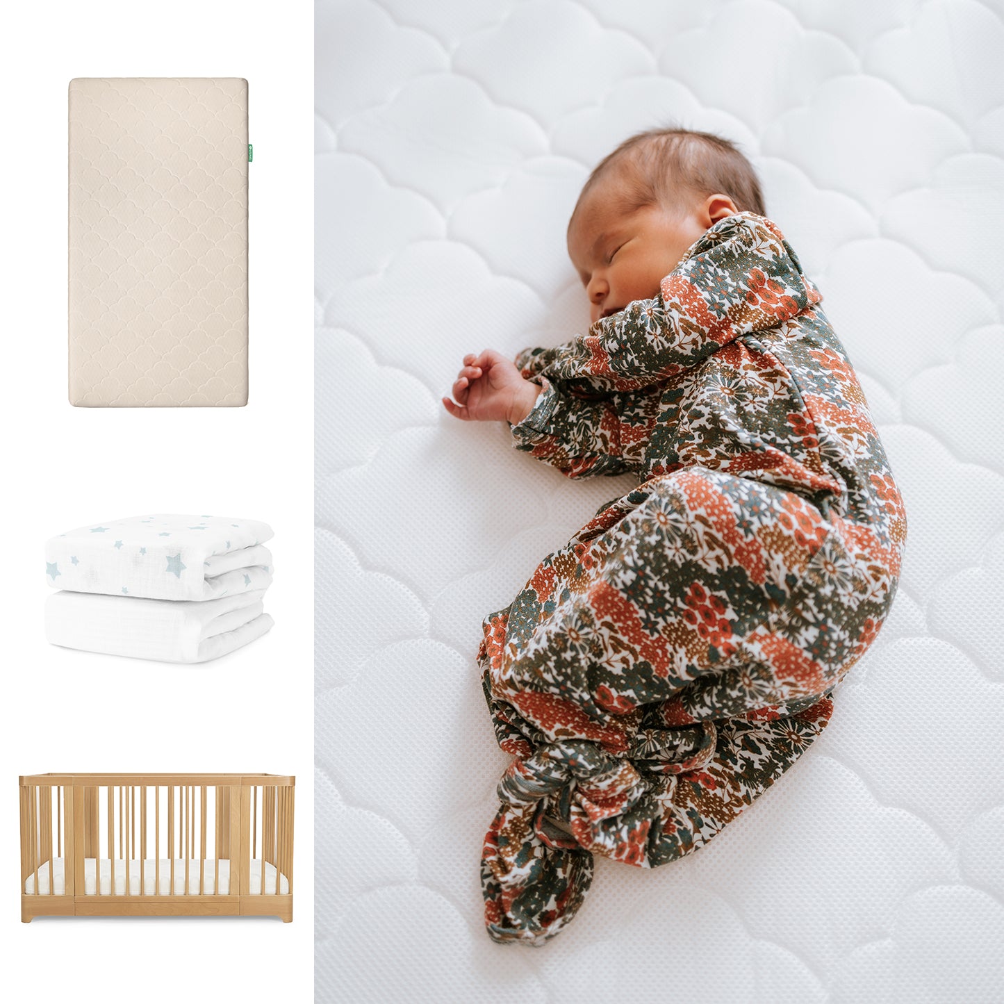 A baby in a floral sleeper rests on Newton Baby’s Nest Convertible Crib with the Original Mattress & Sheets. To the left are images of the beige mattress, a folded white sheet with blue stars, and the stylish crib. 111-8420-NAT-1000-SAN-SDW
