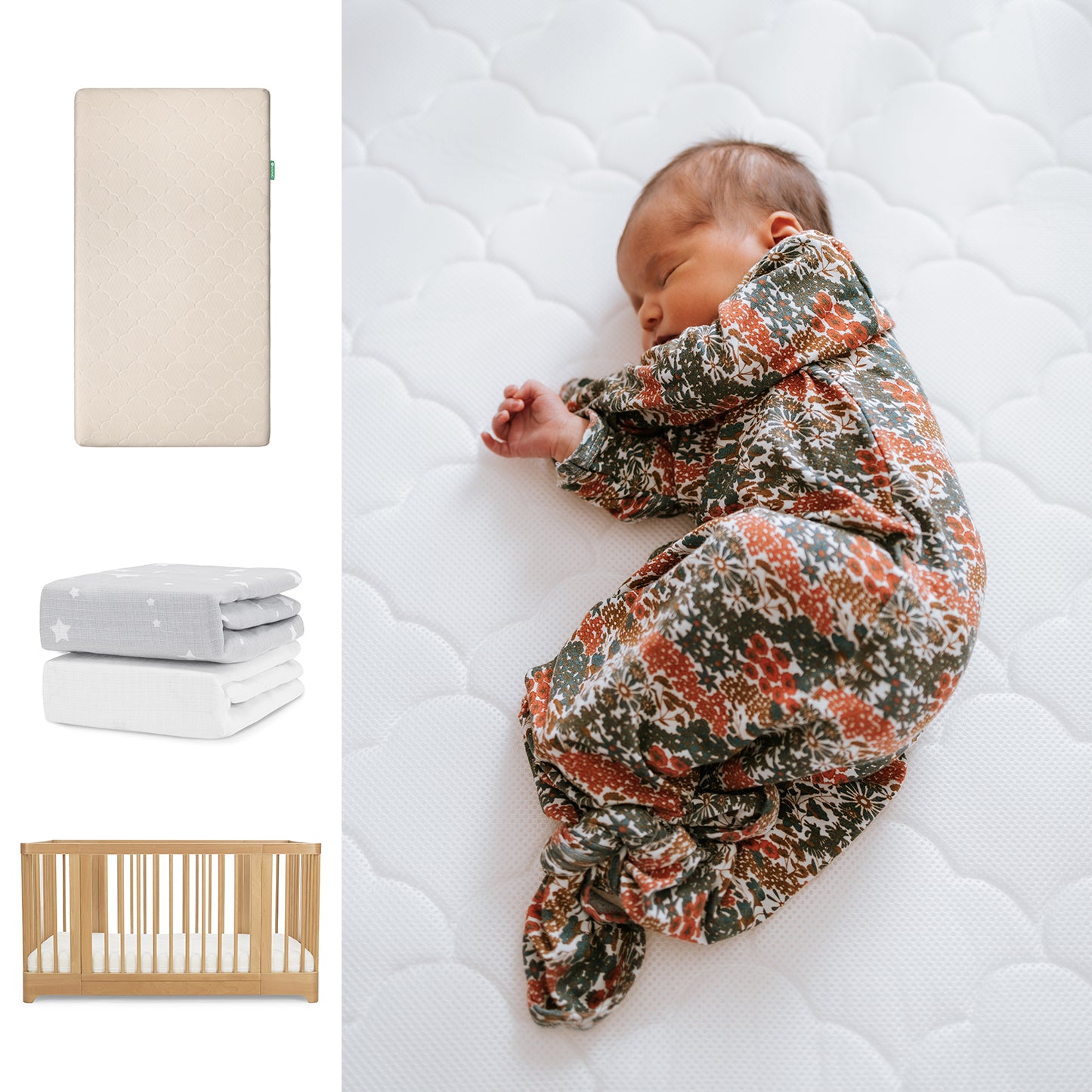 A newborn sleeps on a Newton Baby Nest Convertible Crib with the Original Mattress and sheets; nearby are folded blankets, crib mattress images, and the stylish Newton Baby products. 111-8420-NAT-1000-SAN-SGW