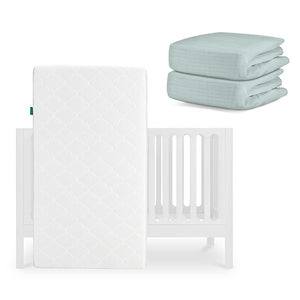 The Newton Baby Galileo Crib, Original Crib Mattress, and two light blue Breathable Organic Cotton Sheets are displayed together on a white background. skip