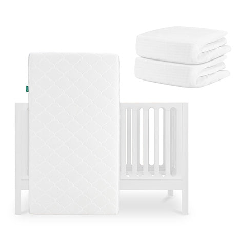 The Newton Baby Galileo Crib, Original Crib Mattress, and two Breathable Organic Cotton Sheets are displayed together on a white background. skip