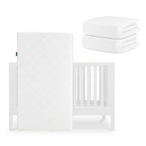 The Newton Baby Galileo Crib, Original Crib Mattress, and two Breathable Organic Cotton Sheets are displayed together on a white background. skip