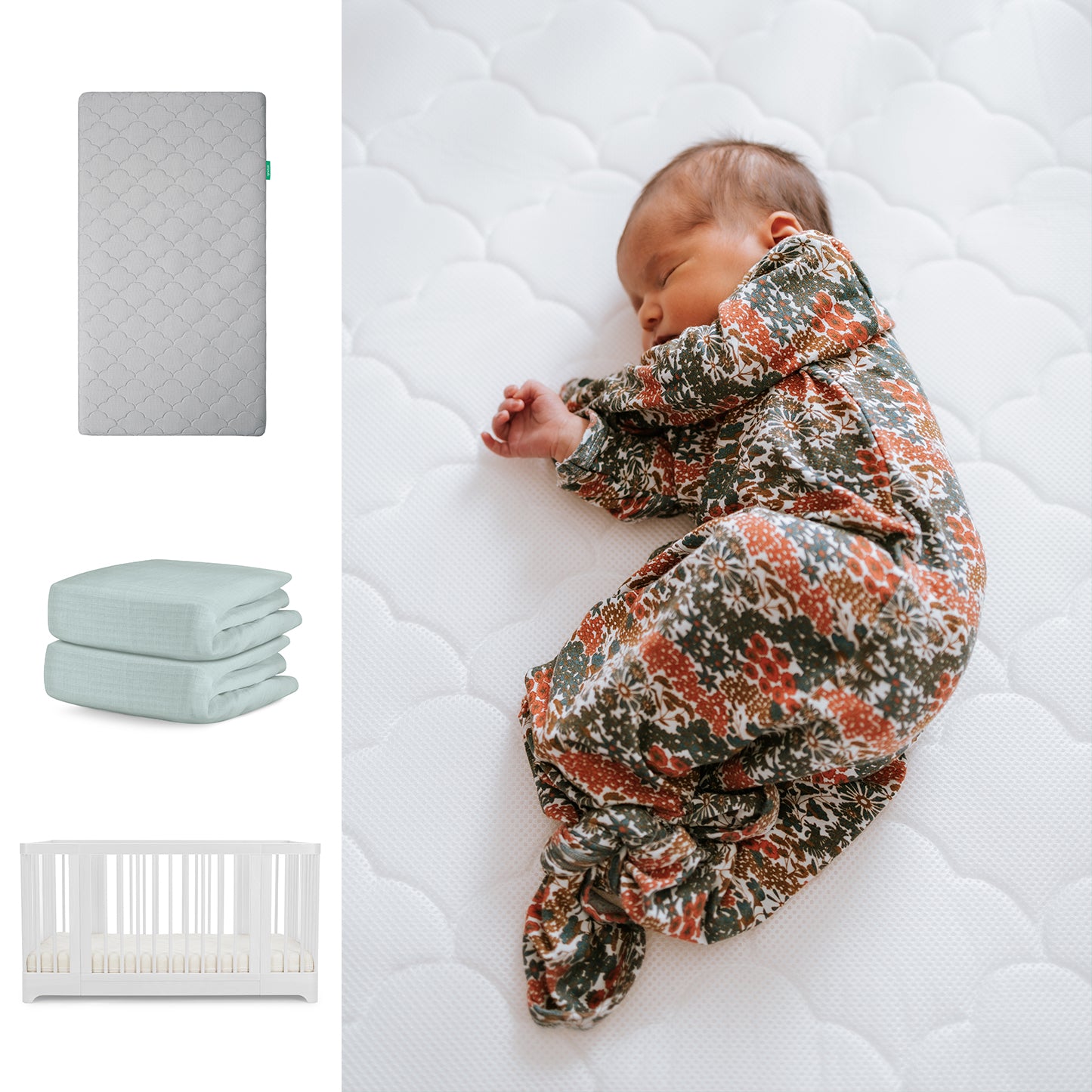A baby in a floral sleeper rests on the Newton Baby Nest Convertible Crib with the Original Mattress and Breathable Organic Cotton Sheets. To the left are images of the crib, mattress, and folded sheet. 111-8420-WHT-1000-GRY-SNS
