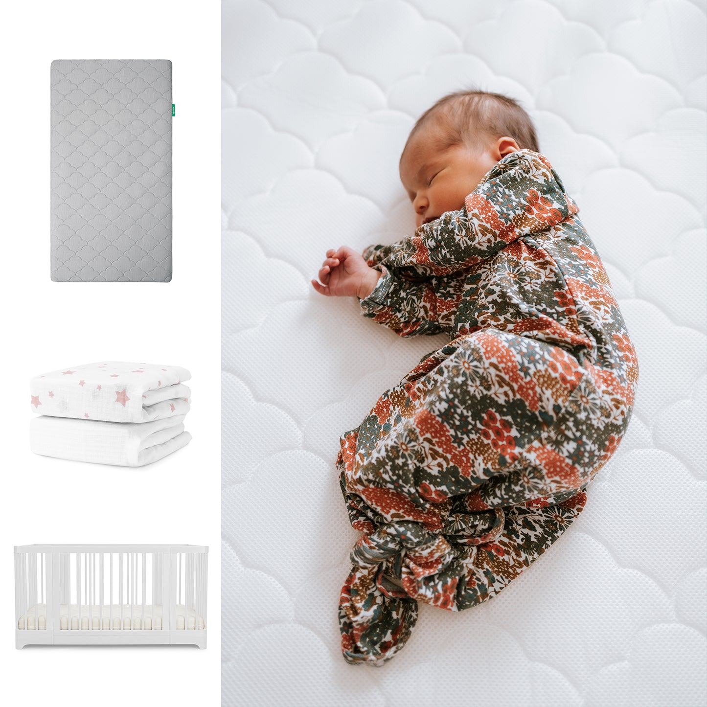 A newborn sleeps on the Newton Baby Nest Convertible Crib with the Original Mattress and breathable organic cotton sheets; separate images show the grey mattress, folded patterned blankets, and the crib. 111-8420-WHT-1000-GRY-PSW
