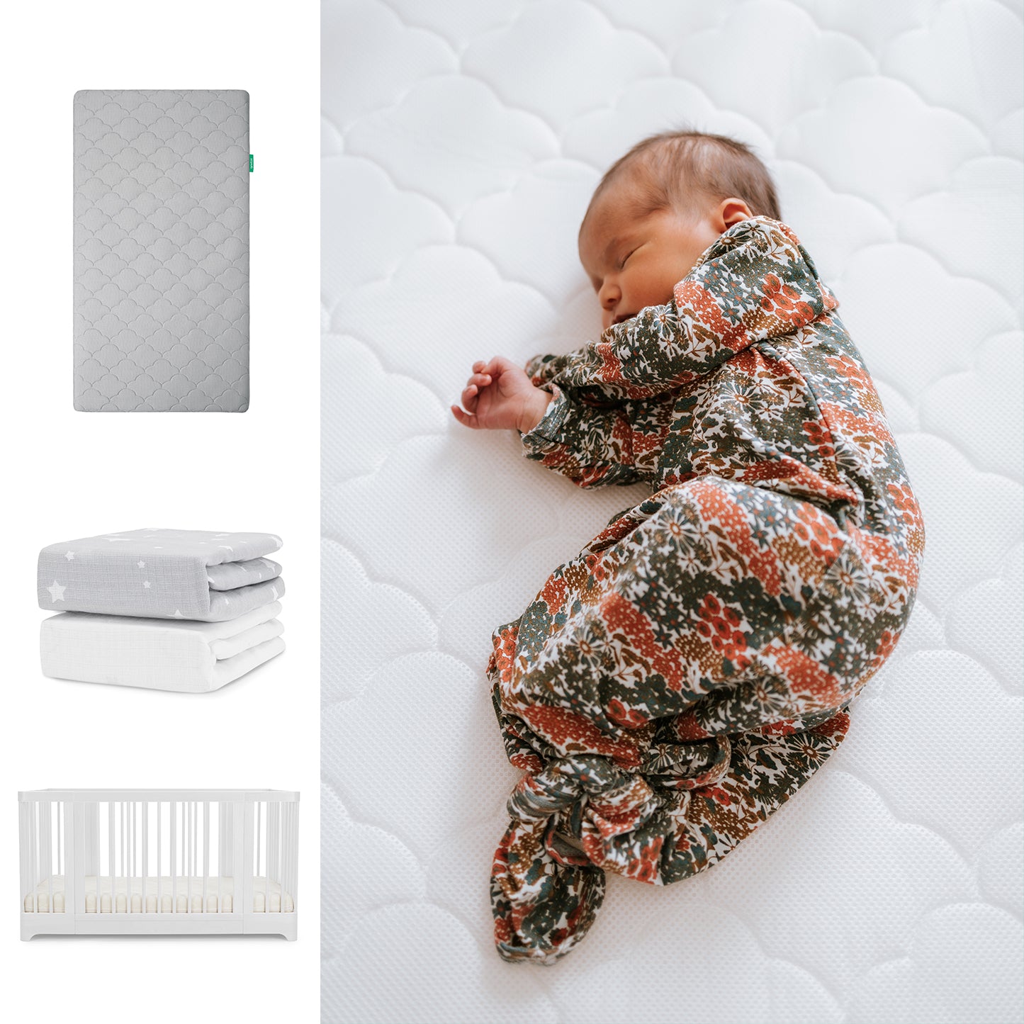 A newborn sleeps on Newton Baby's Nest Convertible Crib with the Original Mattress, wearing a floral swaddle. To the left are two folded Breathable Organic Cotton Sheets (gray and white) by Newton Baby. 111-8420-WHT-1000-GRY-SGW