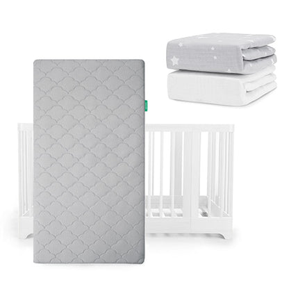 A Newton Baby Nest Convertible Crib with the Original Mattress is shown, topped with star-patterned bedding and a Breathable Organic Cotton Sheet on display.