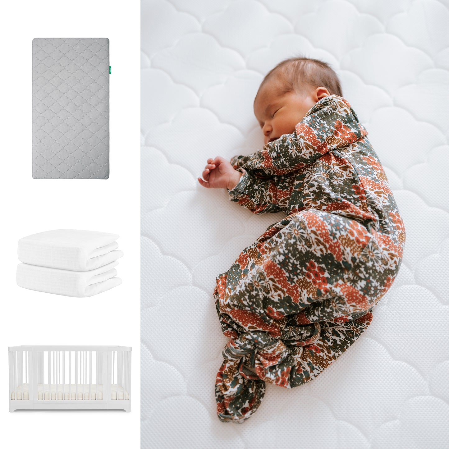 A baby sleeps on a white Newton Baby Nest Convertible Crib with the Original Mattress, alongside images of a gray mattress and two folded Breathable Organic Cotton Sheets. 111-8420-WHT-1000-GRY-WNW