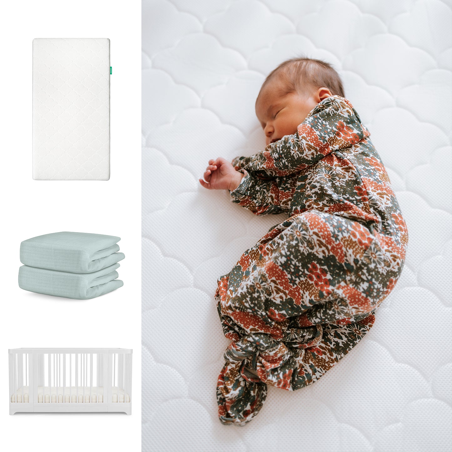 A baby in a floral onesie sleeps on the Newton Baby Nest Convertible Crib with the Original Mattress and Sheets. Beside the crib, images show light blue bedding and a white crib, all from Newton Baby. 111-8420-WHT-1000-WHT-SNS
