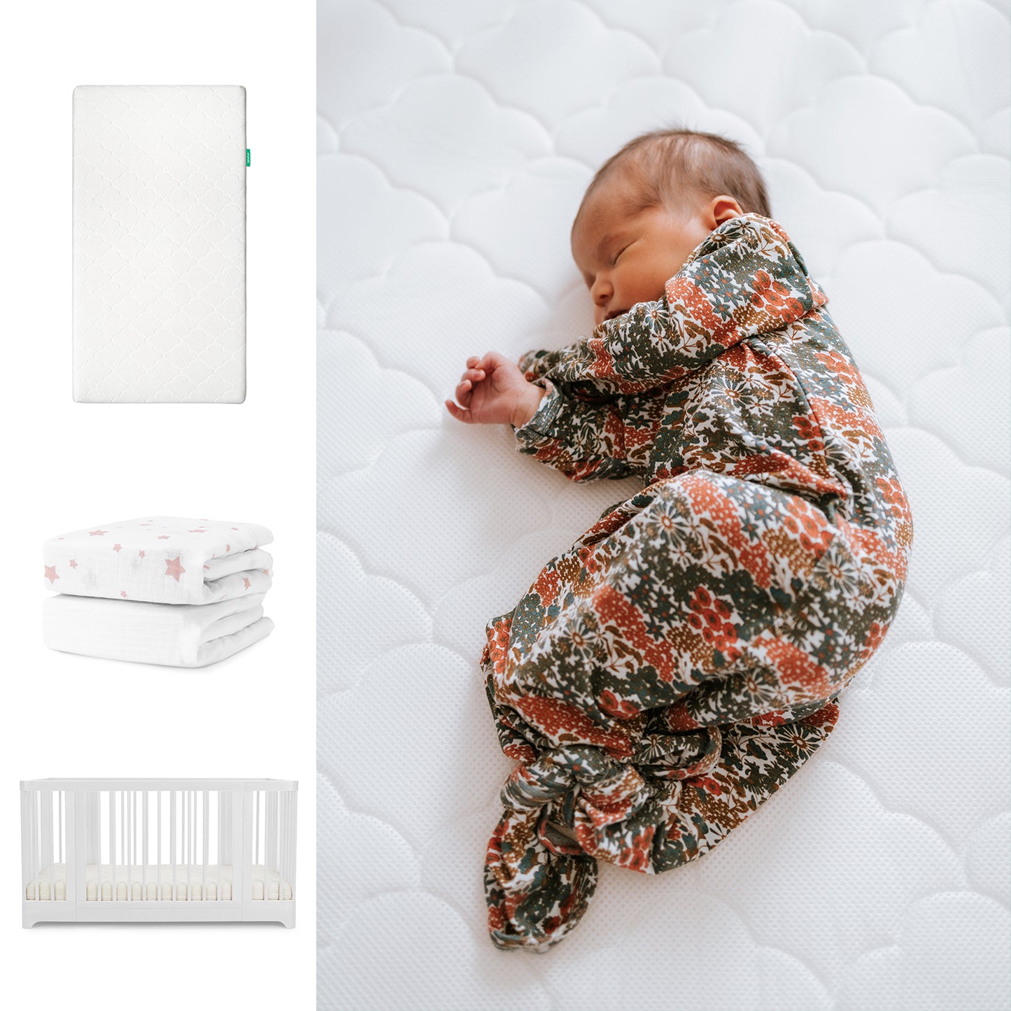 A newborn sleeps on the Newton Baby Nest Convertible Crib with the Original Mattress and Sheets. To the left are images of the crib, mattress, and sheets. The baby wears a floral sleeper. 111-8420-WHT-1000-WHT-PSW