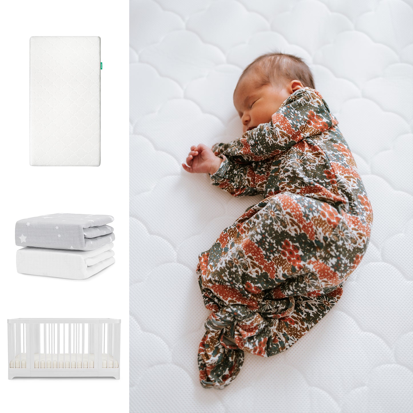 A baby in a floral sleeper rests on the Newton Baby Nest Convertible Crib with the Original Mattress and breathable organic cotton sheets. To the left are images of the crib, mattress, two crib sheets, and more. 111-8420-WHT-1000-WHT-SGW