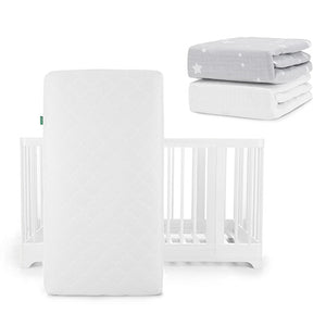 A Newton Baby Nest Convertible Crib with Original Mattress stands upright. In the upper right, two folded sheets—one gray with white stars, one solid white—feature a breathable organic cotton sheet for extra comfort.