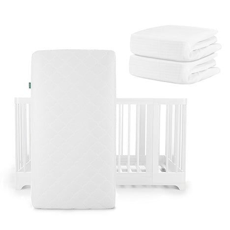 A Newton Baby Nest Convertible Crib with Original Mattress stands upright, while two white sheets, including a Breathable Organic Cotton Sheet, are stacked in the top right corner.