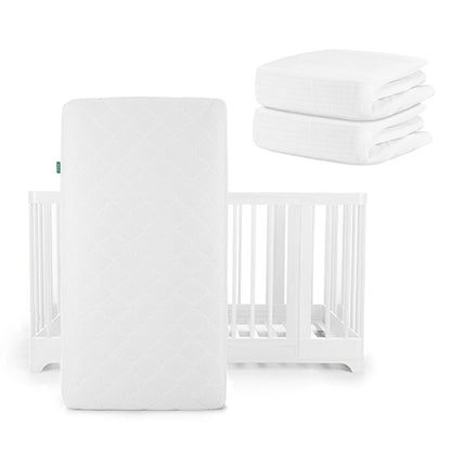 A Newton Baby Nest Convertible Crib with Original Mattress stands upright, while two white sheets, including a Breathable Organic Cotton Sheet, are stacked in the top right corner.