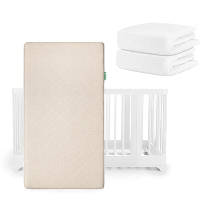 The Newton Baby Nest Convertible Crib, Original Mattress in beige, and two folded Breathable Organic Cotton Sheets are displayed together on a plain white background.