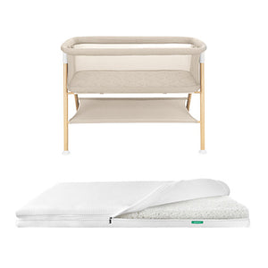 The Newton Baby Essential Bassinet + Essential Crib Mattress features mesh sides, wooden legs, an under-bassinet storage shelf, and a white zippered mattress with a removable breathable cover for convenience.