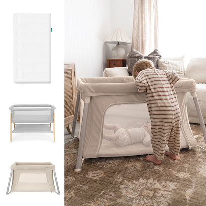 A toddler in striped pajamas peers into a Newton Baby Essential Compact Travel Crib in a sunlit living room. On the left are product images of the Essential Bassinet and washable Essential Mattress, all from Newton Baby.