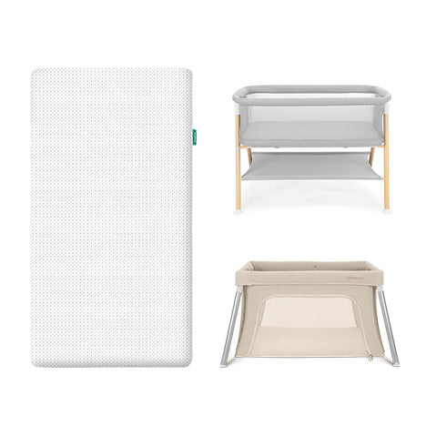 Three Newton Baby products: the Essential Mattress in white (left), the modern gray Essential Bassinet with wooden legs and shelf (top right), and the beige Compact Travel Crib with mesh sides (bottom right).