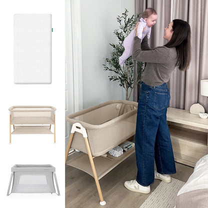 A woman smiles as she lifts a baby above a beige Newton Baby Essential Bassinet in a cozy bedroom. On the left are images of the Essential Mattress, Essential Bassinet, and Compact Travel Crib by Newton Baby.