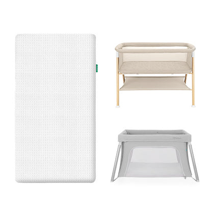 Newton Baby’s Essential Bassinet, Essential Mattress, and Compact Travel Crib are shown—featuring a beige bassinet with wooden legs, a white washable mattress, and a gray mesh-sided travel crib against a white background.
