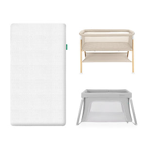 Newton Baby’s Essential Bassinet, Essential Mattress, and Compact Travel Crib are shown—featuring a beige bassinet with wooden legs, a white washable mattress, and a gray mesh-sided travel crib against a white background.