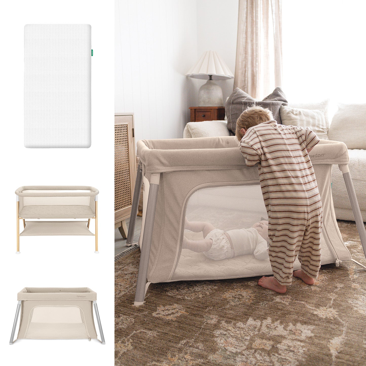 A toddler in striped pajamas leans over a beige crib with a Newton Baby Essential Mattress, looking at a baby. The softly lit, neutral-toned room features the Newton Baby Essential Bassinet and Compact Travel Crib on the left.