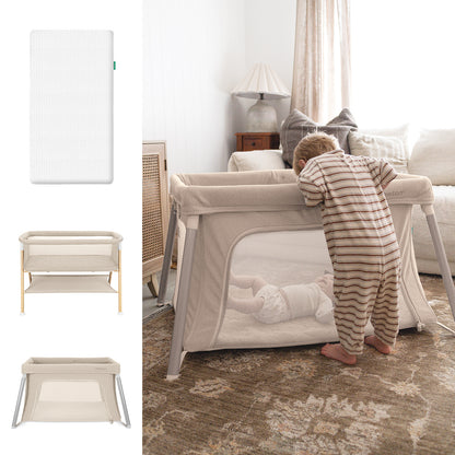 A toddler in striped pajamas leans over a beige crib with a Newton Baby Essential Mattress, looking at a baby. The softly lit, neutral-toned room features the Newton Baby Essential Bassinet and Compact Travel Crib on the left.