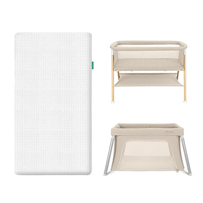 Three Newton Baby products: the Essential Bassinet (top right), Essential Mattress (left), and Compact Travel Crib (bottom right).