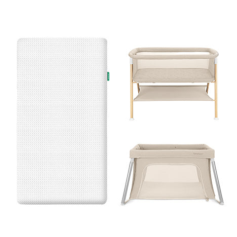 Three Newton Baby products: the Essential Bassinet (top right), Essential Mattress (left), and Compact Travel Crib (bottom right).