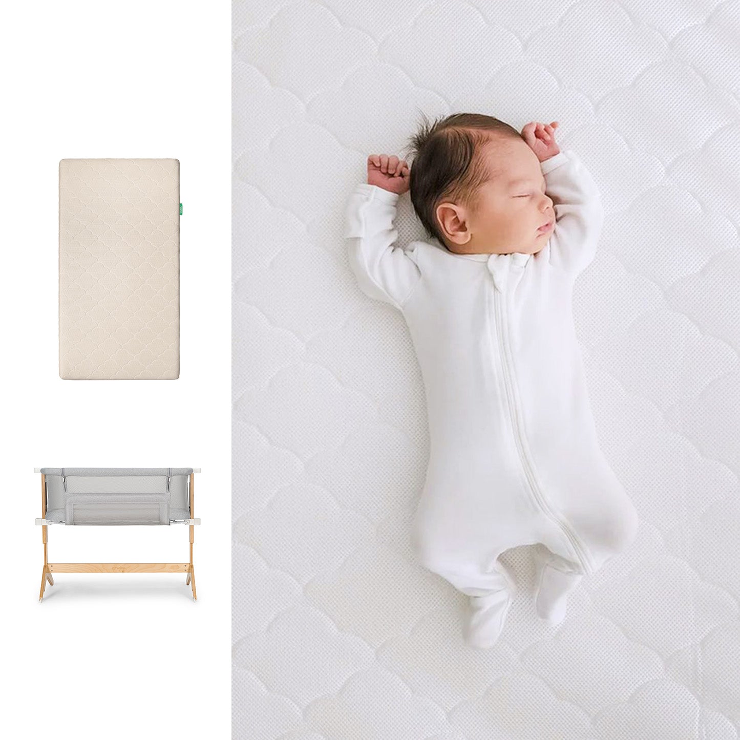 Baby on mattress with bedside sleeper in grey and mattress in sand color. 1000-SAN-8400